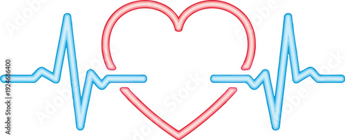 Neon heart with blue electrocardiogram line symbolizes cardiology and vital signs monitoring in digital graphic form.