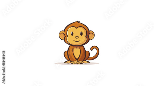 Adorable 2D cartoon monkey illustration with a charming chibi style, sitting playfully and looking forward, perfect for children's designs, animal themes, and educational content