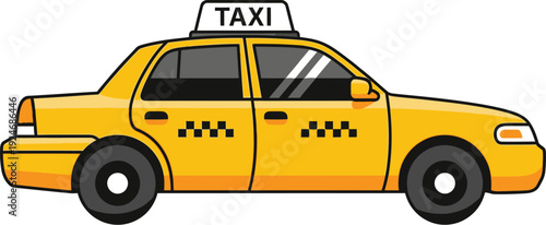 Yellow city taxi sedan shown in profile view with a black rooftop sign indicating transportation service.