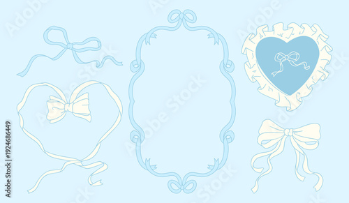Baby Blue Ribbon Frames and Bows Set. Cute Heart and Ornamental Vector Collection