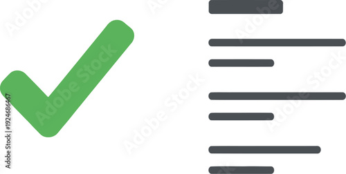 Green checkmark symbol placed beside a stylized list or document lines indicating completion or verification.