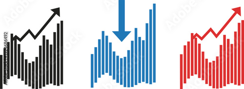 Business analytics bar charts with trend arrows showing growth, decline, and recovery in black blue red