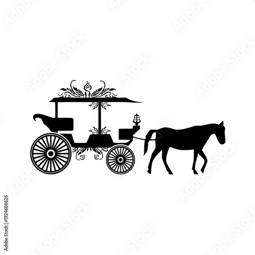 Elegant Victorian horse-drawn carriage, bold black silhouette, intricate ornamental details, woodcut engraving look, white background
