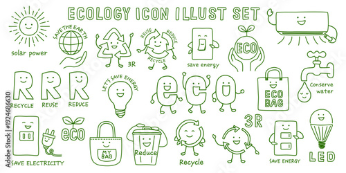 エコロジー編集可能なアイコンセット。手描きのフレンドリーなキャラクターイラストレーション。環境、持続可能性、リサイクル、エネルギー、再生可能、節電、節水、ゴミの削減、環境に優しい、太陽光発電、リユース、リデュース、グリーンエナジー、エコバッグ、ECO、3R、キャラクター、まんが、ベクター。