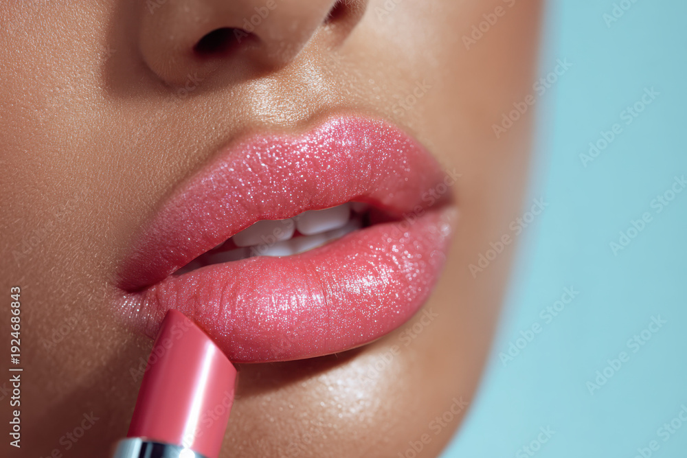 Naklejka premium Close up of glossy pink lips with lipstick application, luxury cosmetics beauty concept showcasing makeup artistry, skincare, elegance and premium beauty products