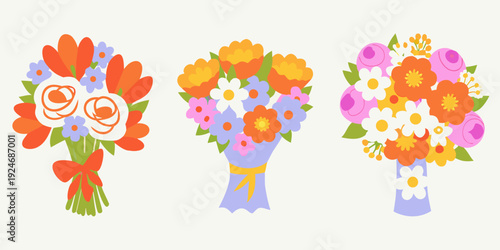 Three colorful bouquets of flowers arranged against a pale background