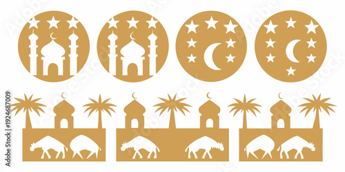 Golden ramadan patterns featuring mosques crescents palms and camels