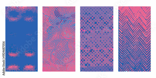 Abstract vertical panels with repeating blue and pink patterns