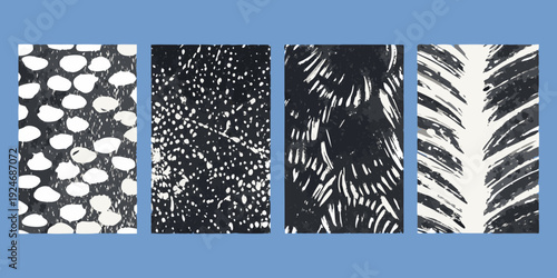 Four contrasting black and white textured panels arranged in a row