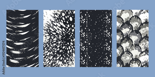 Four abstract black and white textured panels arranged in a row