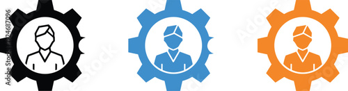 User settings gear icon set with profile avatar inside cogwheel in black, blue, and orange styles for account, system, and management design