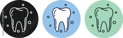 Dental care tooth icon set in black, blue, and green circles representing oral hygiene, dentistry, and healthy teeth concepts
