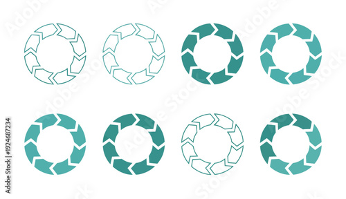 pie charts, blue, circle segments with arrows, infographic diagram, 1–8 sections, isolated, vector, modern