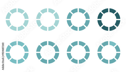 Pie chart set, blue, circle arrows, infographic template, 1 to 8 parts, isolated, vector, diagram, flat design