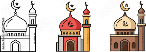 Mosque icon set with crescent moon domes in outline and colored flat styles representing Islamic architecture and religious landmarks