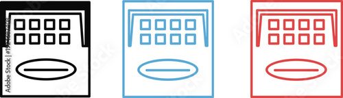 Cash register icon set with simple outline and filled styles in black, blue, and red for retail, POS, and payment interface design