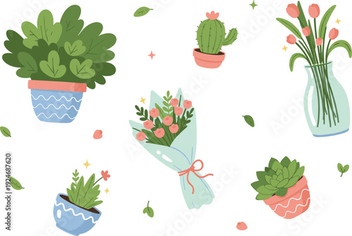 Cute Potted Plants and Flower Bouquet Collection with Cactus Succulent and Glass Vase for Home Decor Botanical Vector Illustration Design.