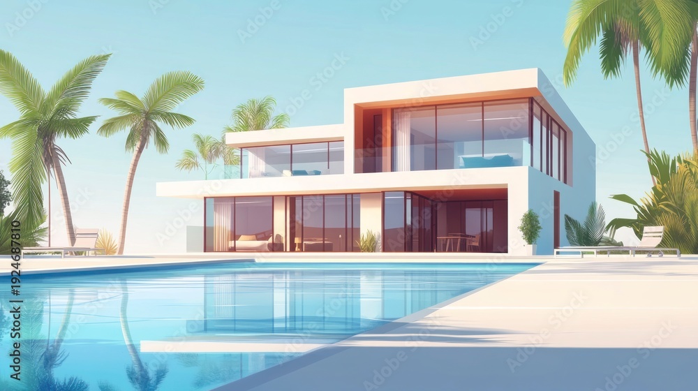 Fototapeta premium Modern luxury villa with swimming pool and palm trees under a bright blue sky