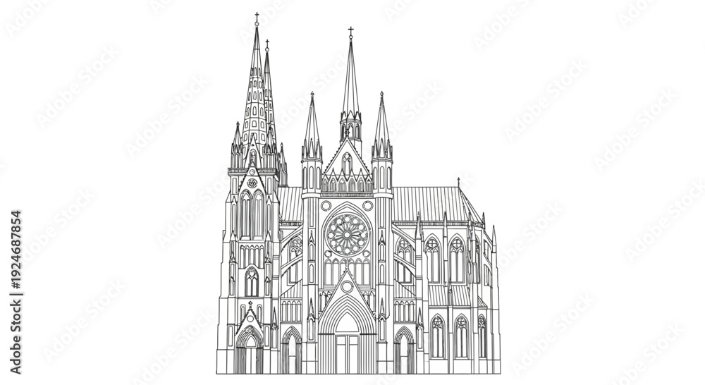 Fototapeta premium Gothic Cathedral Facade Outline Drawing, Architectural Landmark, Religious Building