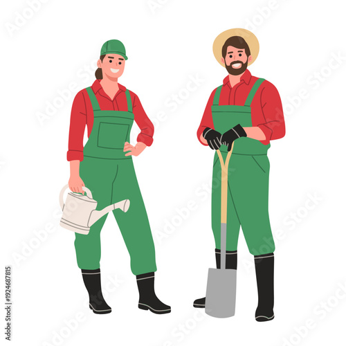Flat vector illustration of male and female gardeners wearing green overalls and red shirts. ideal for gardening, farming, landscaping, agriculture, poster, app and outdoor work concepts.