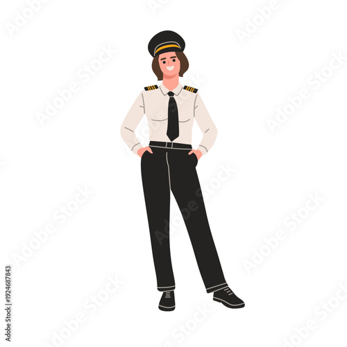 Flat vector illustration of female airline pilots wearing professional uniforms with caps, ties, shoulder epaulets.Perfect for aviation, airline crew, air travel, transportation, profession