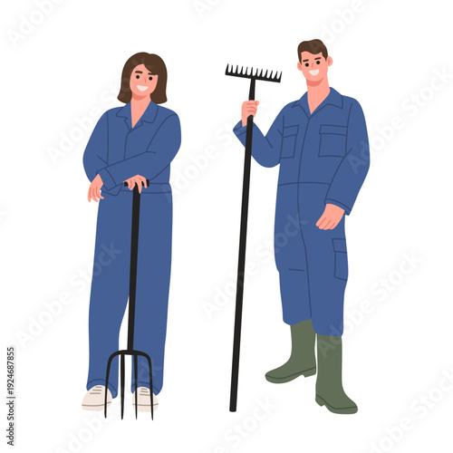 Flat vector illustration of male and female farmers wearing blue work and holding agricultural tools. Ideal for farming, agriculture, gardening, rural life, harvest, and agribusiness concept designs.