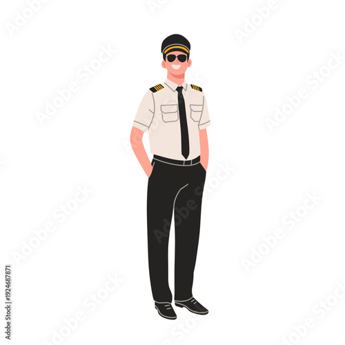 Flat vector illustration of male airline pilots wearing professional uniforms with caps, ties, shoulder epaulets.Perfect for aviation, airline crew, air travel, transportation,profession
