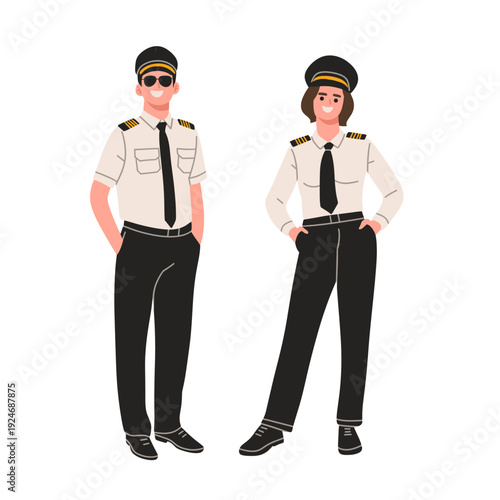 Flat vector illustration of male and female airline pilots wearing professional uniforms with caps, ties,shoulder epaulets.Perfect for aviation, airline crew, air travel, transportation,profession