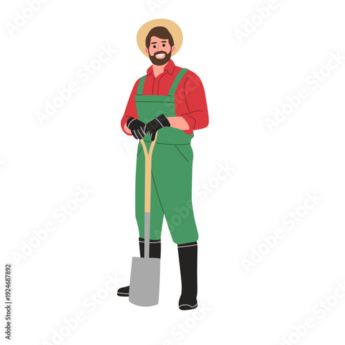 Flat vector illustration of male and female gardeners wearing green overalls and red shirts. Isolated on a light background, ideal for gardening, farming, landscaping, agriculture, and outdoor work
