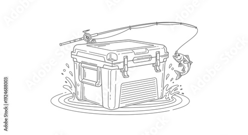 Fishing Cooler with Jumping Fish and Rod Illustration