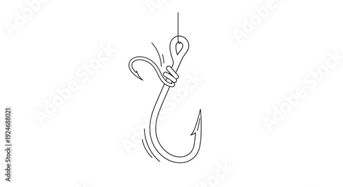 Fishing hook with line and knot, simple line art illustration