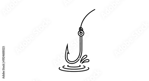 Fishing hook splashing into water, simple line art icon, concept of fishing and bait