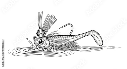Fishing Lure Illustration: Jig Head with Soft Plastic Tail Splashing in Water