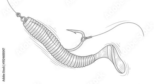 Fishing Lure: Realistic Worm Bait on a Hook with Fishing Line, Detailed Sketch