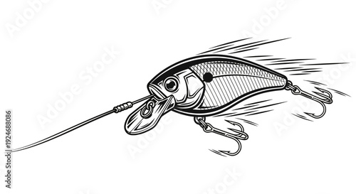 Fishing lure, crankbait, treble hook, fishing tackle, bait, lure, fishing gear, illustration, black and white