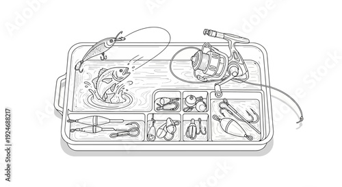 Fishing Tackle Box with Lures, Reel, and Jumping Fish Illustration