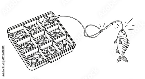 Fishing tackle box with lures and a hooked fish illustration