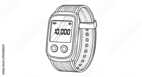 Fitness Tracker Smartwatch Displaying 10000 Steps, Hand-Drawn Sketch Style