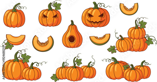 Halloween Pumpkin Collection with Carved Jack O Lantern Faces Whole and Sliced Gourds for Autumn Harvest and Seasonal Vector Design.