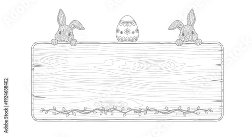Easter Bunny Sign with Egg - Blank Wooden Board for Text