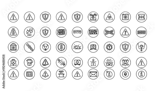Risk and Information Alert Line Icons with Emergency Warning Notification Symbols Editable Vector Set