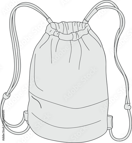 Technical fashion illustration of drawstring backpack front view with gathered top closure, shoulder straps, seam details, curved bottom, and garment construction design elements for 