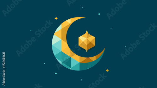 A Serene Festive Geometric Abstract illustration featuring a crescent moon and traditional lantern symbolizing Ramadan Kareem or Eid al-Fitr celebration.