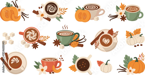 Autumn Coffee and Pumpkin Spice Clipart Set with Cinnamon Vanilla Latte Cups and Fall Harvest Decoration Vector Illustration.