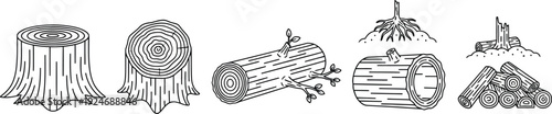 Collection of wood icons including tree stumps and logs in a clean line art style for forestry or lumber industry concepts