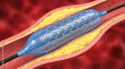 Stent being inserted into a blocked artery during angioplasty procedure