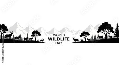 Black silhouette illustration of various wild animals and trees against a mountainous landscape with the text 'World Wildlife Day' for wildlife conservation awareness and global celebration.