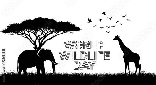 Black silhouette illustration of a giraffe and elephant under a tree with birds flying overhead on World Wildlife Day, promoting wildlife conservation awareness with a nature protection
