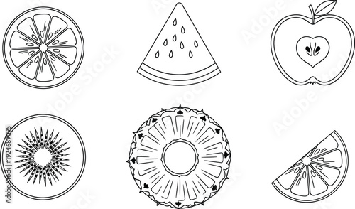 Collection of outline fruit icons including orange watermelon apple kiwi pineapple and citrus slice for healthy eating and summer concepts isolated on white