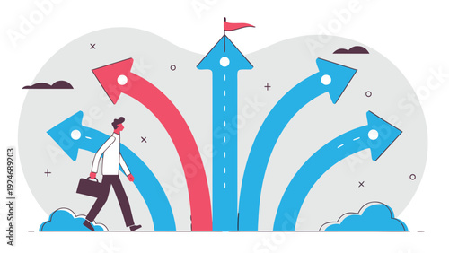 A man carrying a briefcase walks towards a group of five large curved arrows with one central straight arrow topped with a red flag.